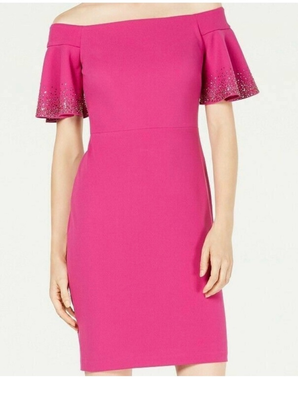 Calvin Klein One-Shoulder Fuchsia Dress with Embellished Short Sleeves